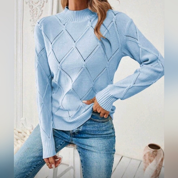 New Pointelle Cable Knit Sweater Top Long Sleeve Light Blue - Picture 5 of 10